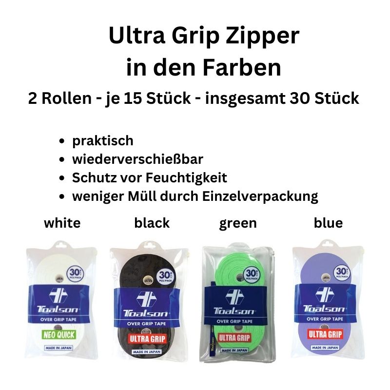 Tennis Griffbänder Toalson Ultra Grip Zipper 30er Pack Overgrip - weiß-schwarz-grün-blau - white-black-green-blue.jpg